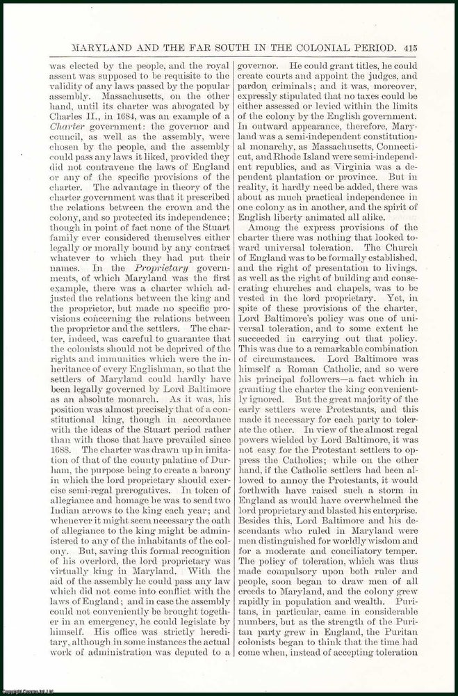 Item #505228 Maryland & The Far South in The Colonial Period. An uncommon original article from the Harper's Monthly Magazine, 1883. John Fiske.