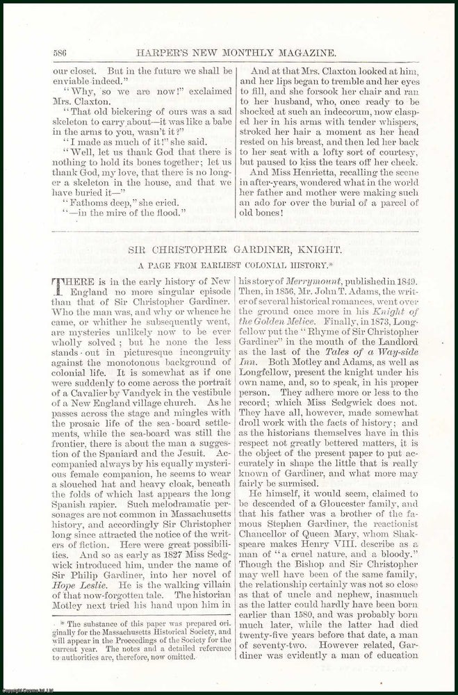 Item #505232 Sir Christopher Gardiner, Knight : A Page From Earliest Colonial History. An uncommon original article from the Harper's Monthly Magazine, 1883. Jun Charles F. Adams.