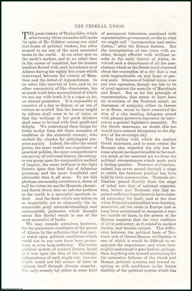 Item #505243 The Federal Union : Pro-European British group launched in November 1938, to advocate a Federal Union of Europe as a post-war aim. An uncommon original article from the Harper's Monthly Magazine, 1885. John Fiske.