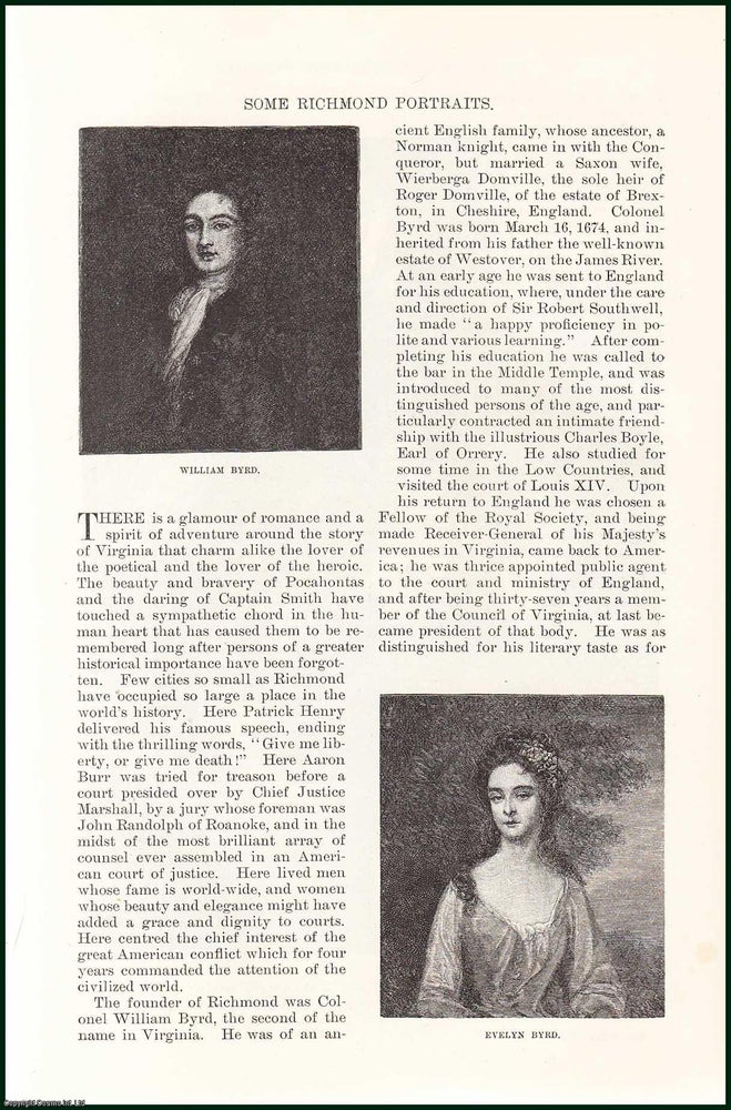 Item #505250 Evelyn Byrd ; John Mayo ; Maria Mayo Scott ; Maria Ward ; Mrs. John Wickham & others : Some Richmond Portraits. An uncommon original article from the Harper's Monthly Magazine, 1885. Eugene L. Didier.