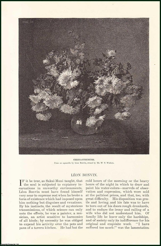 Item #505255 Charles Leon Bonvin : A French watercolor artist known for genre painting, realist still life & delicate & melancholic landscapes. An uncommon original article from the Harper's Monthly Magazine, 1886. Philippe Burty.