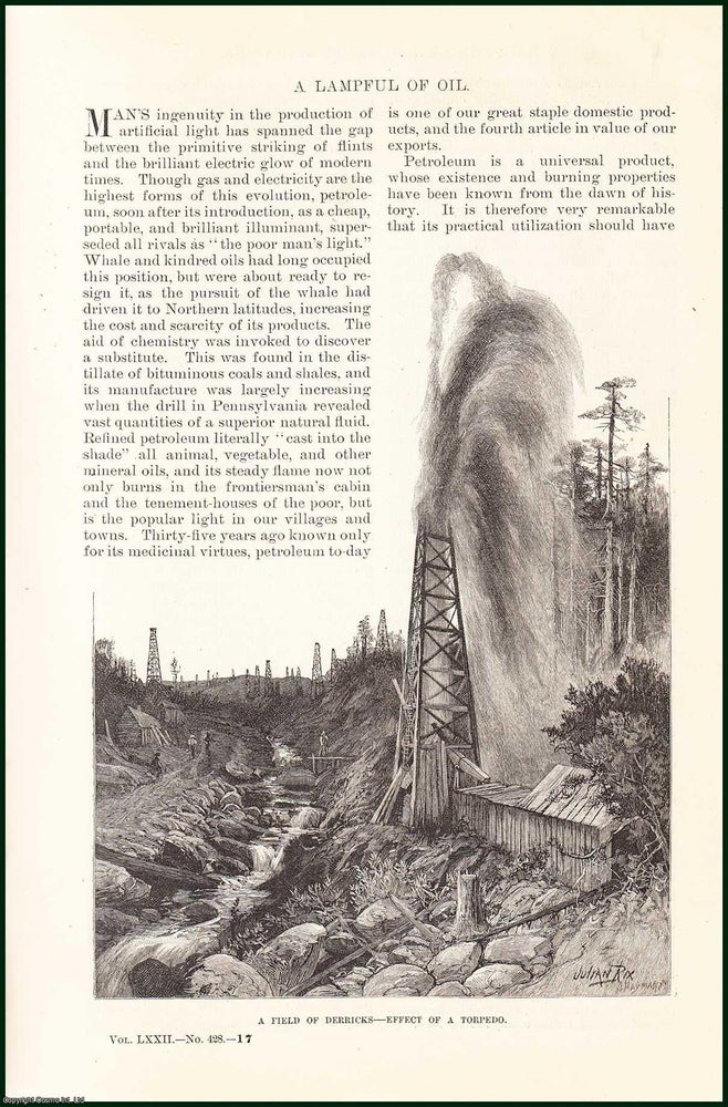 Item #505259 A Lampful of Oil : Petroleum Wells & Refining. Colonel Edwin Laurentine Drake, also known as Colonel Drake, was an American businessman and the first American to successfully drill for oil. An uncommon original article from the Harper's Monthly Magazine, 1886. George R. Gibson.