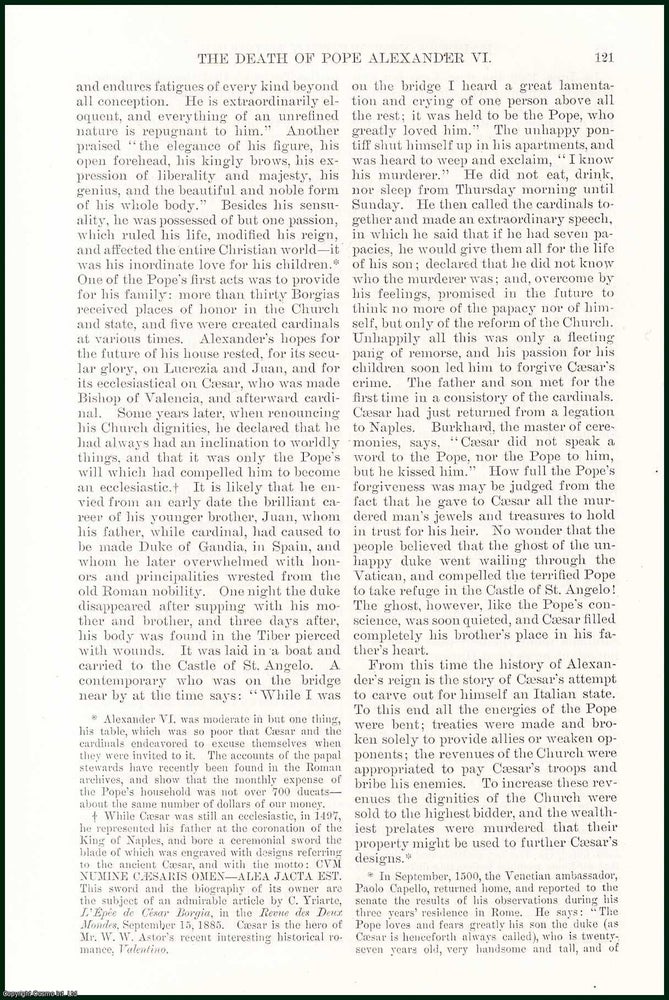 Item #505279 The Death of Pope Alexander VI, Former head of the Catholic Church. An uncommon original article from the Harper's Monthly Magazine, 1886. Professor T. F. Crane.