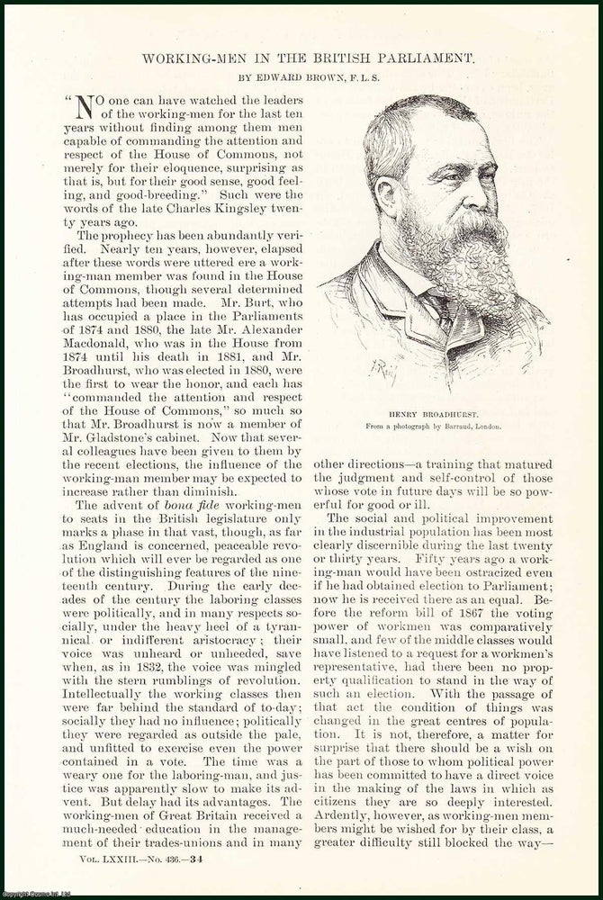 Item #505288 Working-Men in The British Parliament : Thomas Burt ; Alexander Macdonald ; Joseph Leicester ; W. R. Cremer ; George Howell & others. An uncommon original article from the Harper's Monthly Magazine, 1886. F. L. S. Edward Brown.