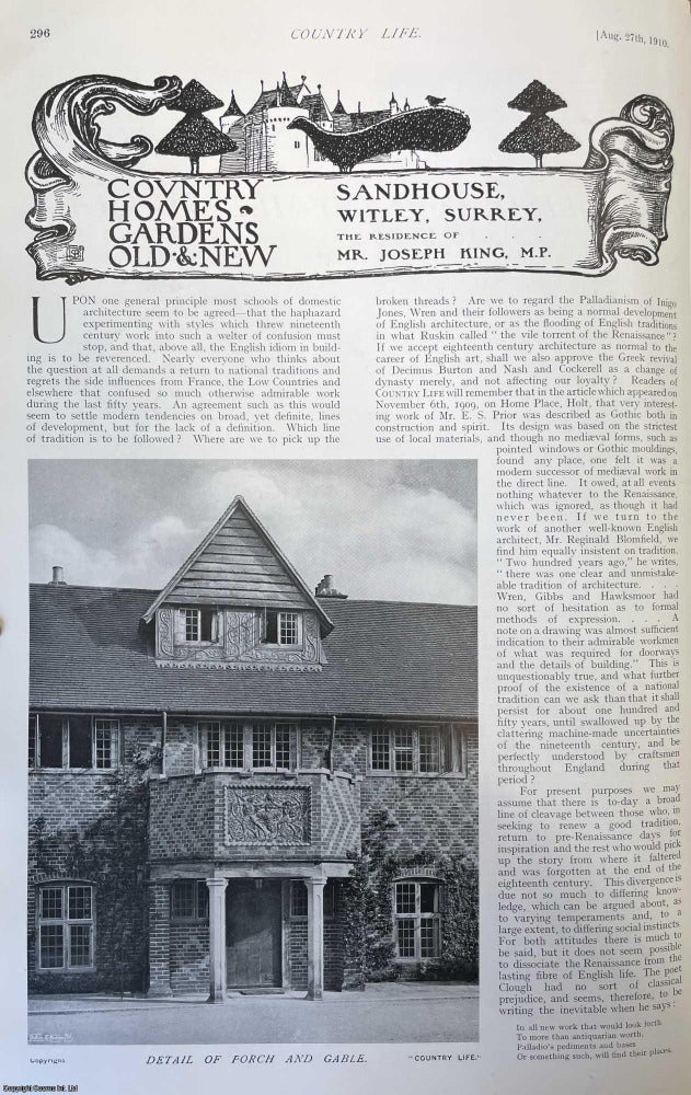 Item #505333 Sandhouse, Witley, Surrey. Several pictures and accompanying text, removed from an original issue of Country Life Magazine, 1910. Country Life Magazine.