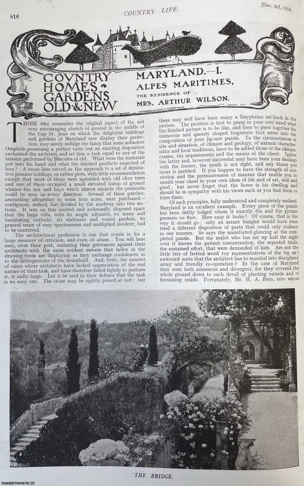 Item #505357 Maryland, Alpes Maritimes. Several pictures and accompanying text, removed from an original issue of Country Life Magazine, 1910. Country Life Magazine.