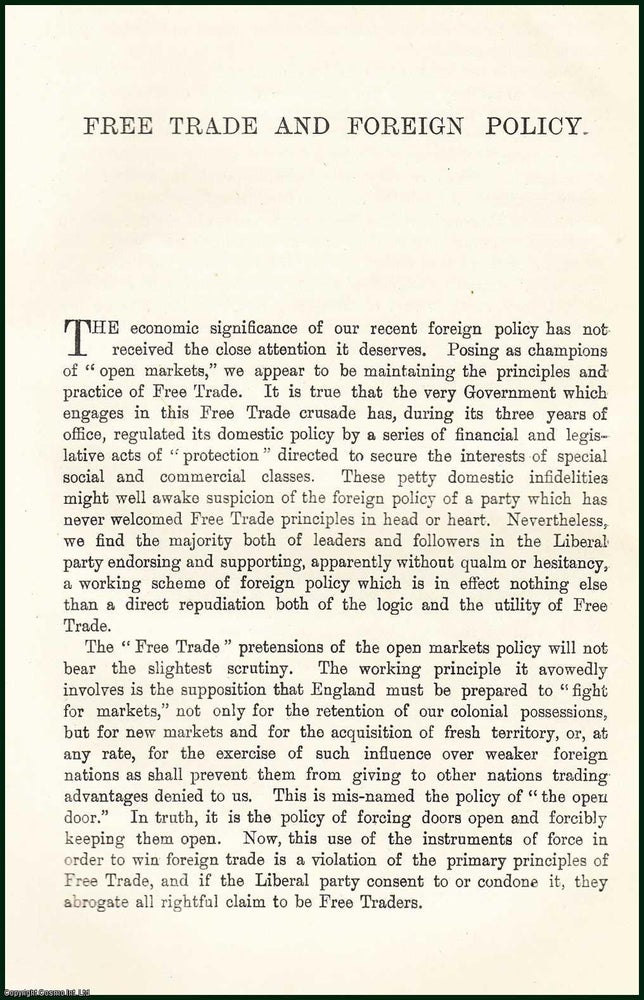 Item #505373 Free Trade & Foreign Policy. An uncommon original article from the Contemporary Review, 1898. J A. Hobson.