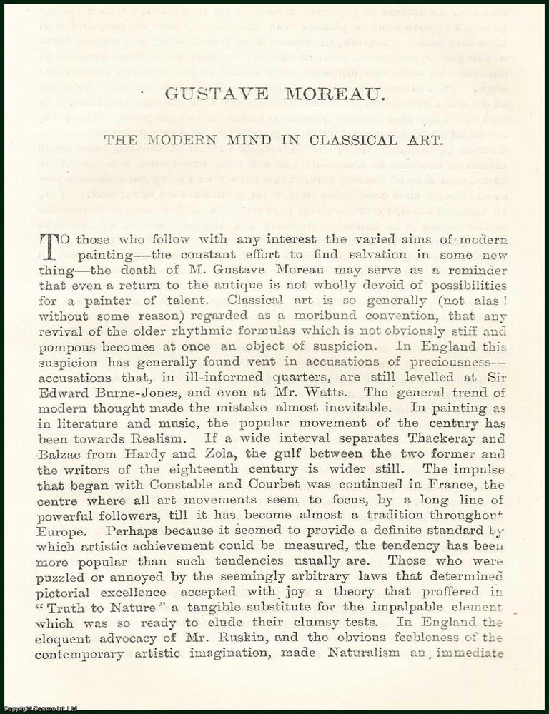 Item #505384 Gustave Moreau, French Artist : The Modern Mind in Classical Art. An uncommon...
