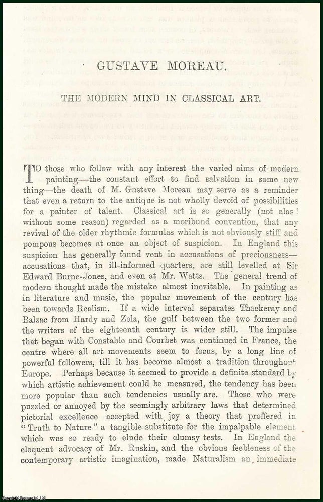 Item #505384 Gustave Moreau, French Artist : The Modern Mind in Classical Art. An uncommon...