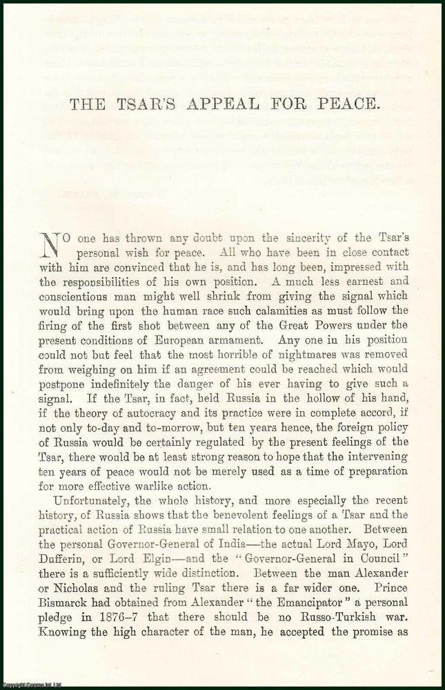 Item #505387 The Tsar's Appeal For Peace. An uncommon original article from the Contemporary Review, 1898. A. Soldier.