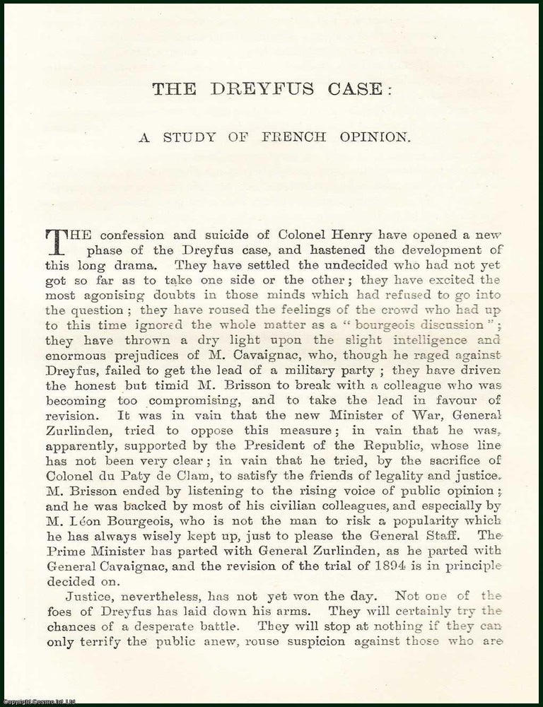 Item #505393 The Dreyfus Case : A Study of French Opinion. An uncommon original article from the...