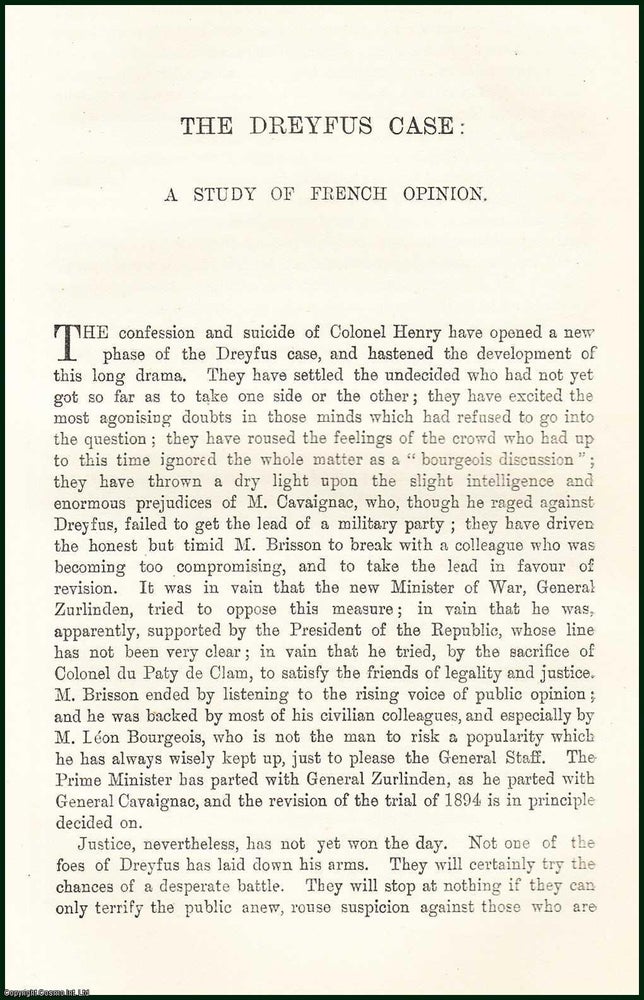 Item #505393 The Dreyfus Case : A Study of French Opinion. An uncommon original article from the...