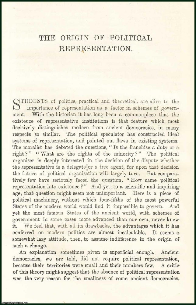 Item #505407 The Origin of Political Representation. An uncommon original article from the Contemporary Review, 1898. E. Jenks.