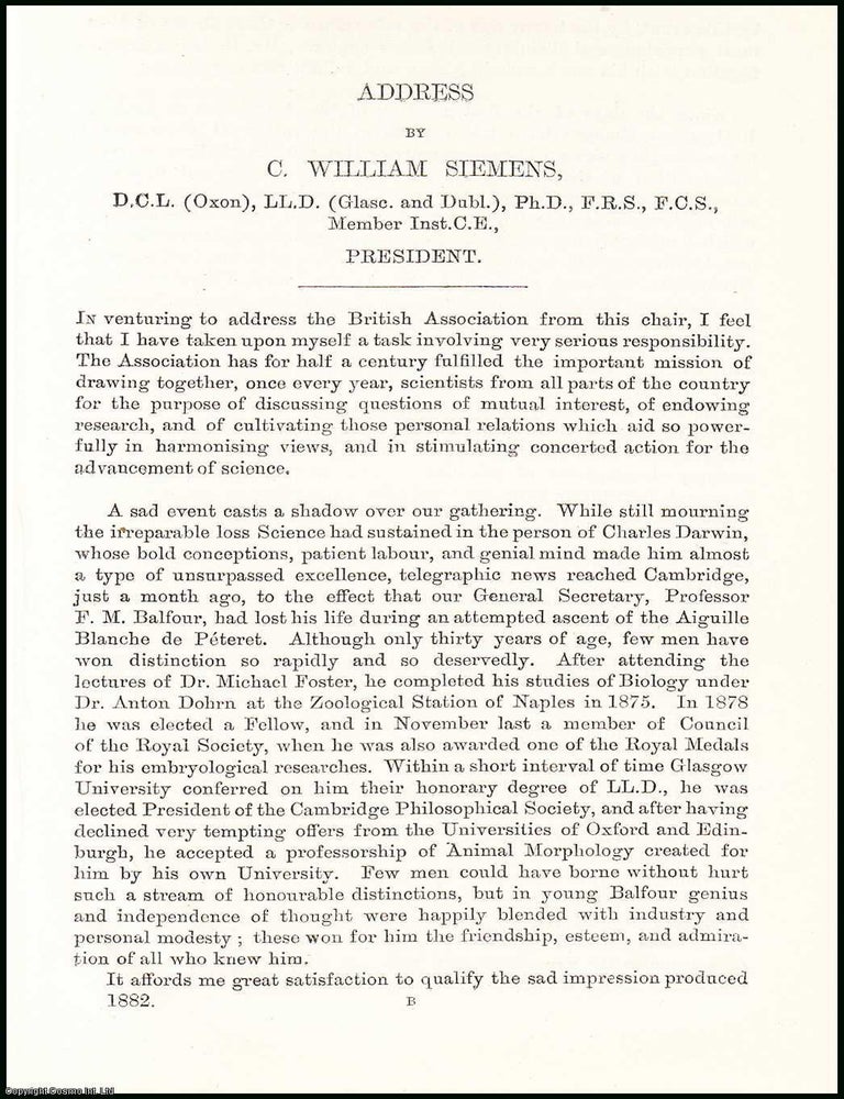 Item #505778 C. William Siemens, Presidential Address, 1882 to the British Association, Meeting...