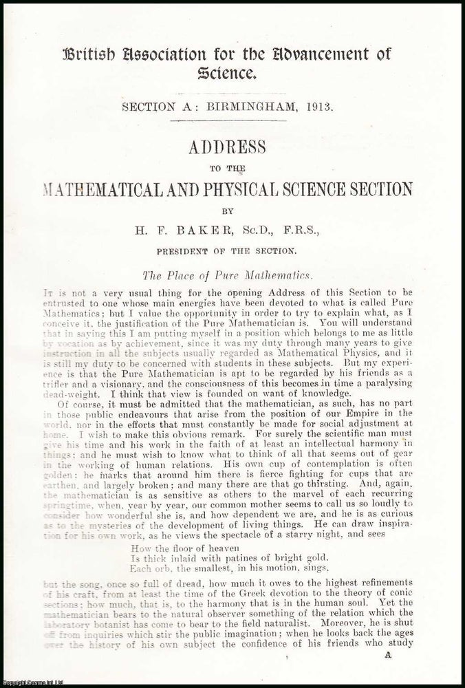 Item #505827 H.F. Baker, Presidential Address, 1913 to the British Association, Meeting at...