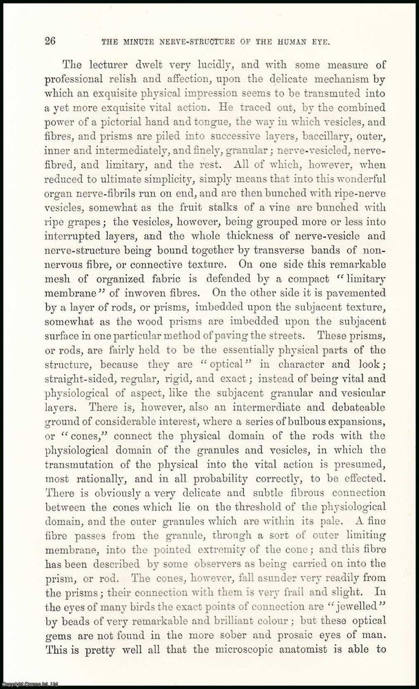Item #506180 The Minute Nerve-Structure of the Human Eye. An original uncommon article from the Intellectual Observer, 1870. Dr. Mann.