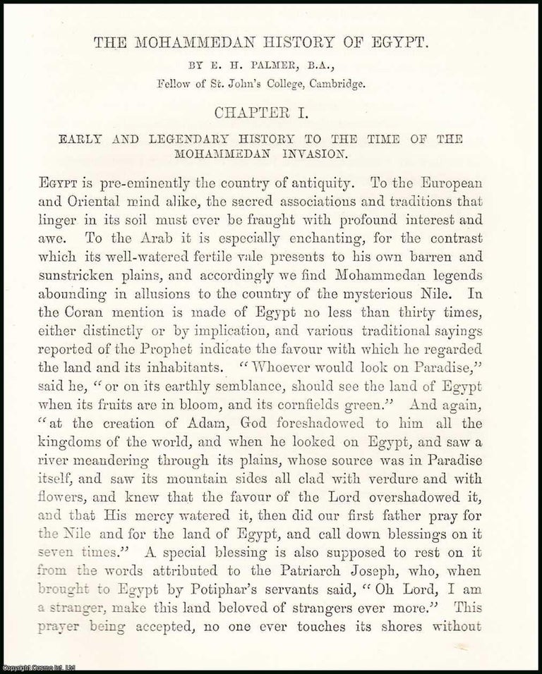 Item #506185 Early & Legendary History to the Time of the Mohammedan Invasion : The Mohammedan History of Egypt. An original uncommon article from the Intellectual Observer, 1870. B. A. E H. Palmer, Cambridge, Fellow of St. John's College.