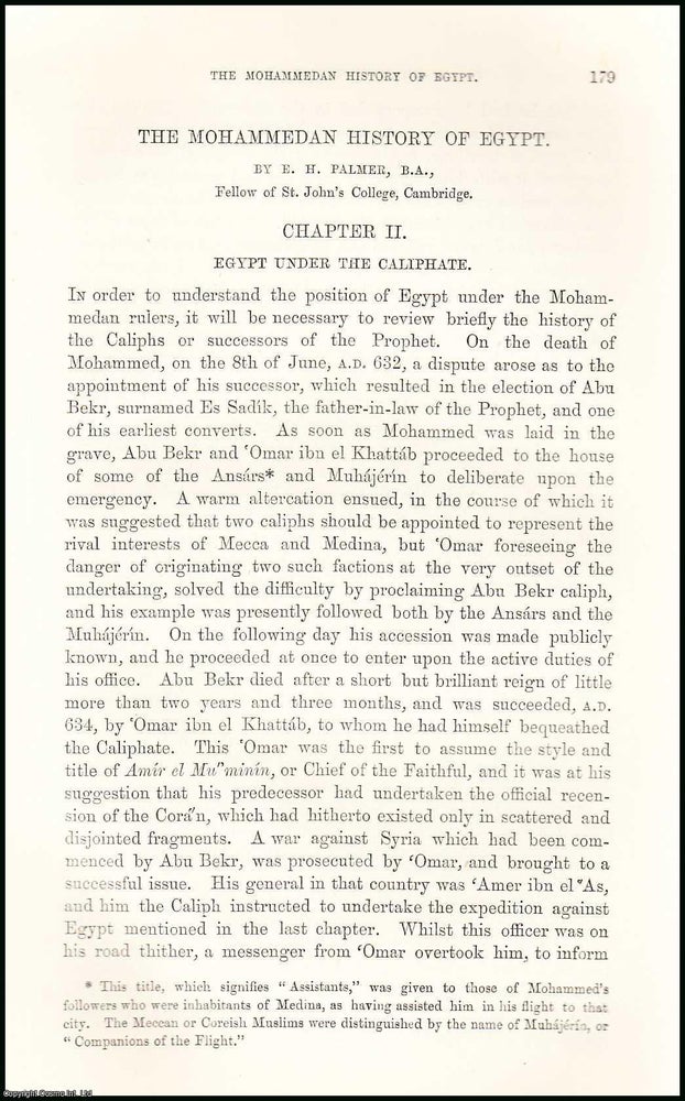 Item #506193 Egypt under the Caliphate : The Mohammedan History of Egypt. An original uncommon article from the Intellectual Observer, 1870. B. A. E H. Palmer, Cambridge, Fellow of St. John's College.