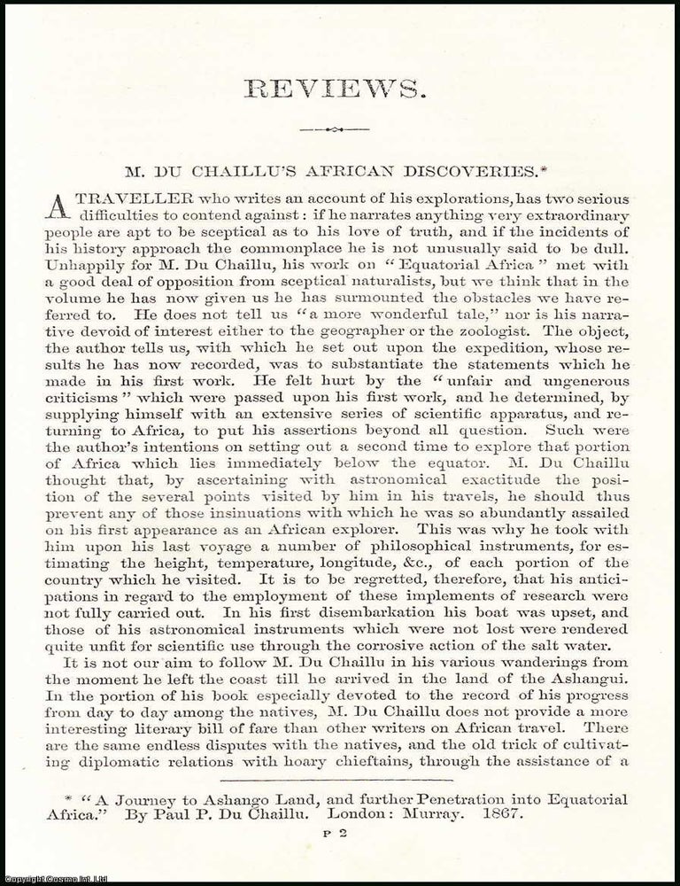Item #506229 Paul P. Du Chaillu's African Discoveries : a review. An uncommon original...