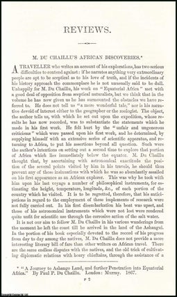 Item #506229 Paul P. Du Chaillu's African Discoveries : a review. An uncommon original article...