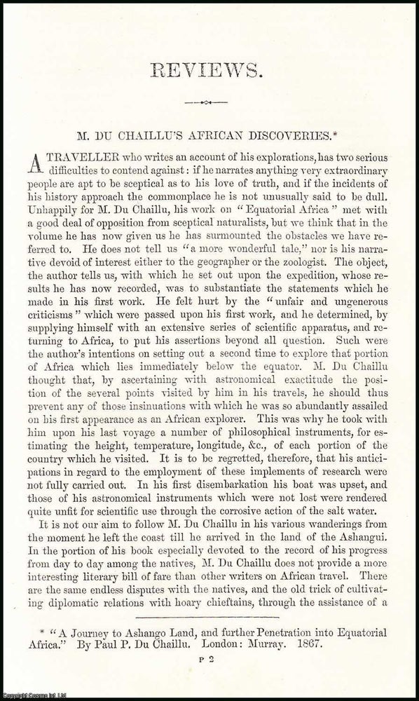 Item #506229 Paul P. Du Chaillu's African Discoveries : a review. An uncommon original...