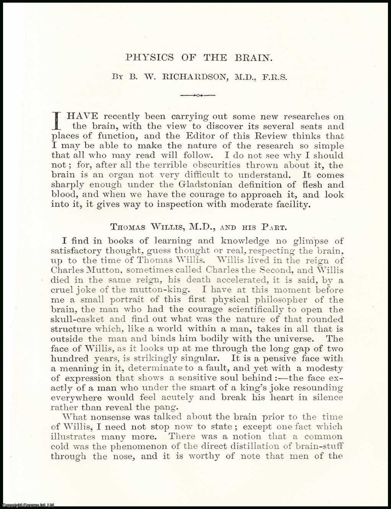 Item #506240 Physics of the Brain. 13 pages. An article printed in 1867, written by B.W....