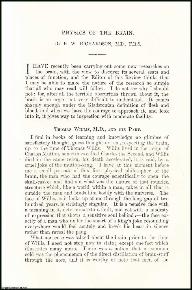 Item #506240 Physics of the Brain. 13 pages. An article printed in 1867, written by B.W....
