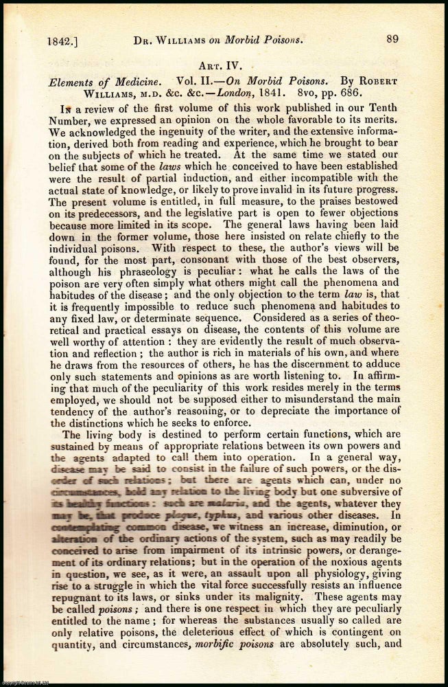 Item #506266 Morbid Poisons : Elements of Medicine. An uncommon original article from the British and Foreign Medical Review, 1842. Dr. Robert Williams.