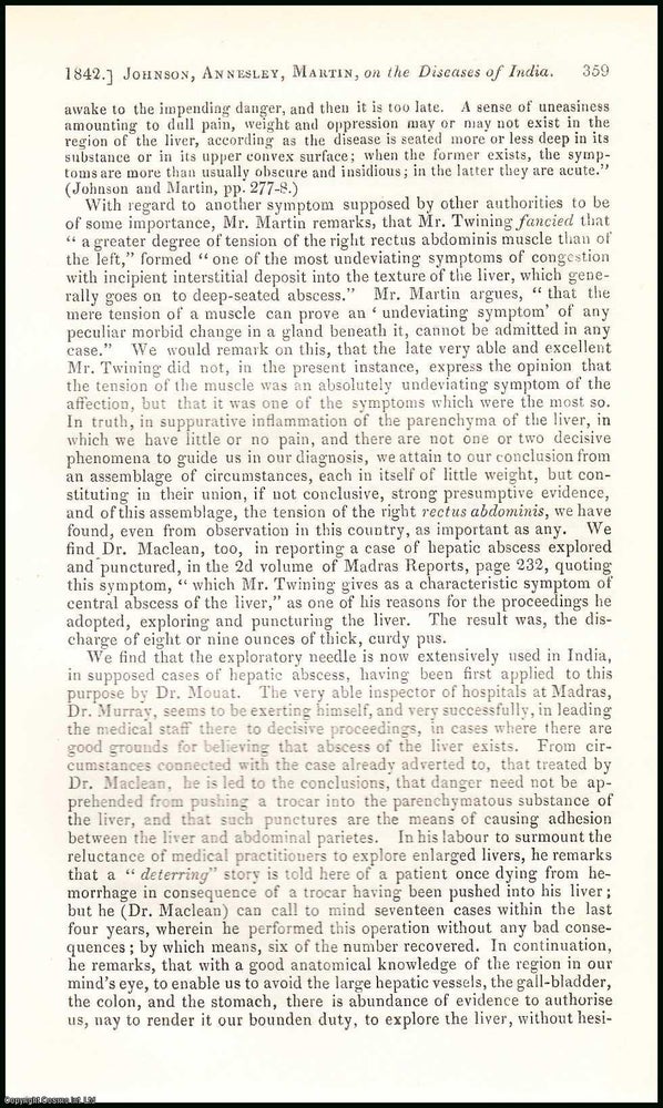 Item #506280 The Tropical Diseases of India. An uncommon original article from the British and Foreign Medical Review, 1842. late Presidency Surgeon James Ranald Martin Esq., Calcutta Surgeon to the Native Hospital, others.