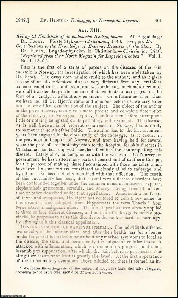Item #506288 Radesyge, or Norwegian Leprosy : contributions to the knowledge of Endemic Diseases...