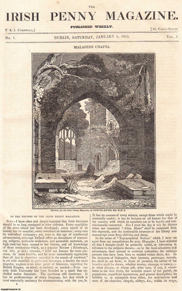 Item #506295 1833, Malahide Chapel. Featured in a full weekly issue of the uncommon Irish Penny Magazine, 1833. Irish Penny Magazine.
