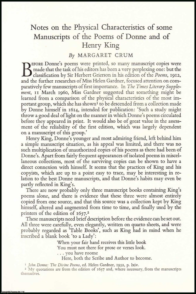 Item #506364 The Physical Characteristics of some Manuscripts of the Poems of Donne & of Henry King. An uncommon original article from the Library, 1961. Margaret Crum.