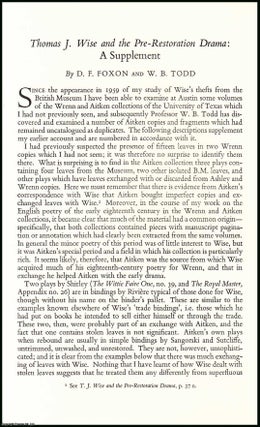 Item #506374 Thomas J. Wise & the Pre-Restoration Drama : a supplement. An uncommon original...