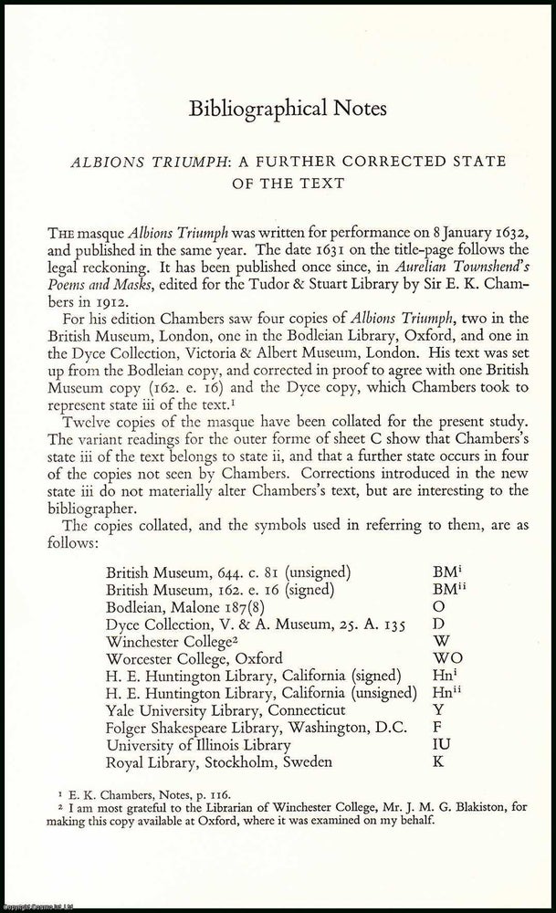 Item #506375 Albion's Triumph, a written performance : a further corrected state of the...
