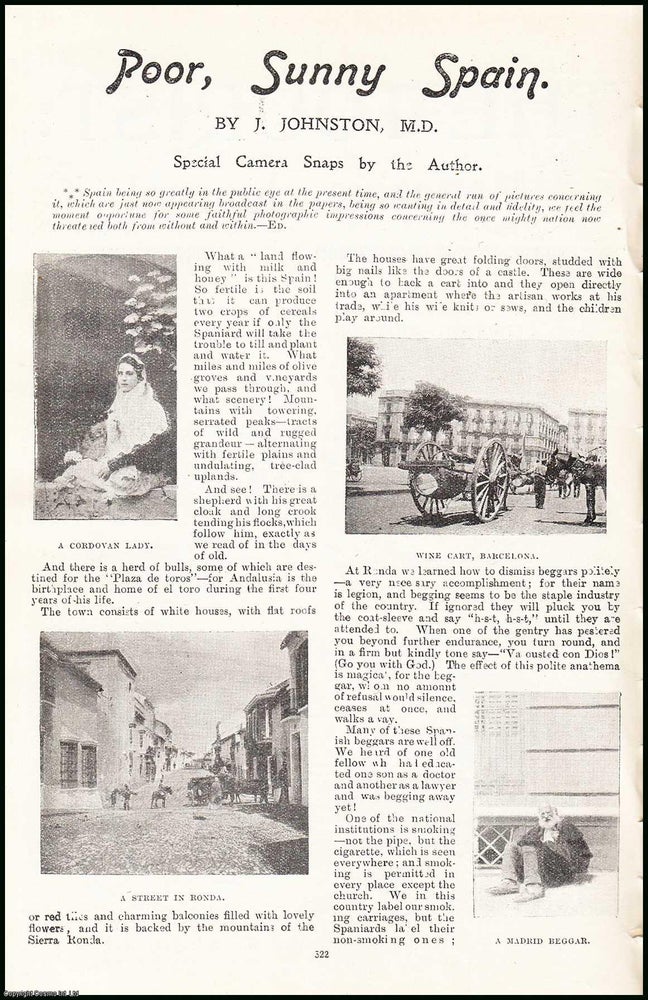 Item #506393 Poor, Sunny Spain, Barcelona. An uncommon original article from the Tourist Magazine, 1898. M. D. J. Johnston.
