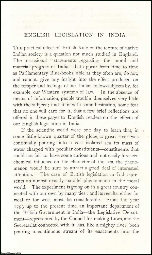 Item #506609 English Legislation in India. An uncommon original article from The Asiatic Quarterly Review, 1886. B H. Baden-Powell.