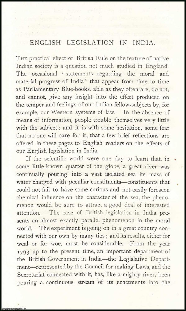 Item #506609 English Legislation in India. 14 pages. An article printed in 1886, written by B.H....