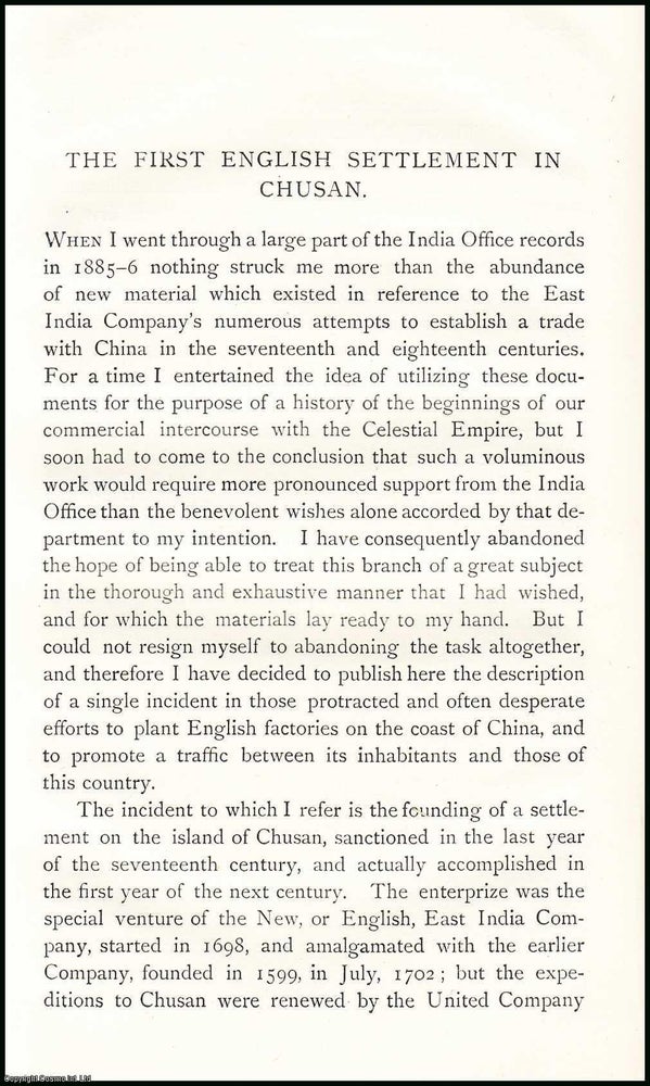 Item #506626 The First English (part 1) Settlement in Chusan. An uncommon original article from...