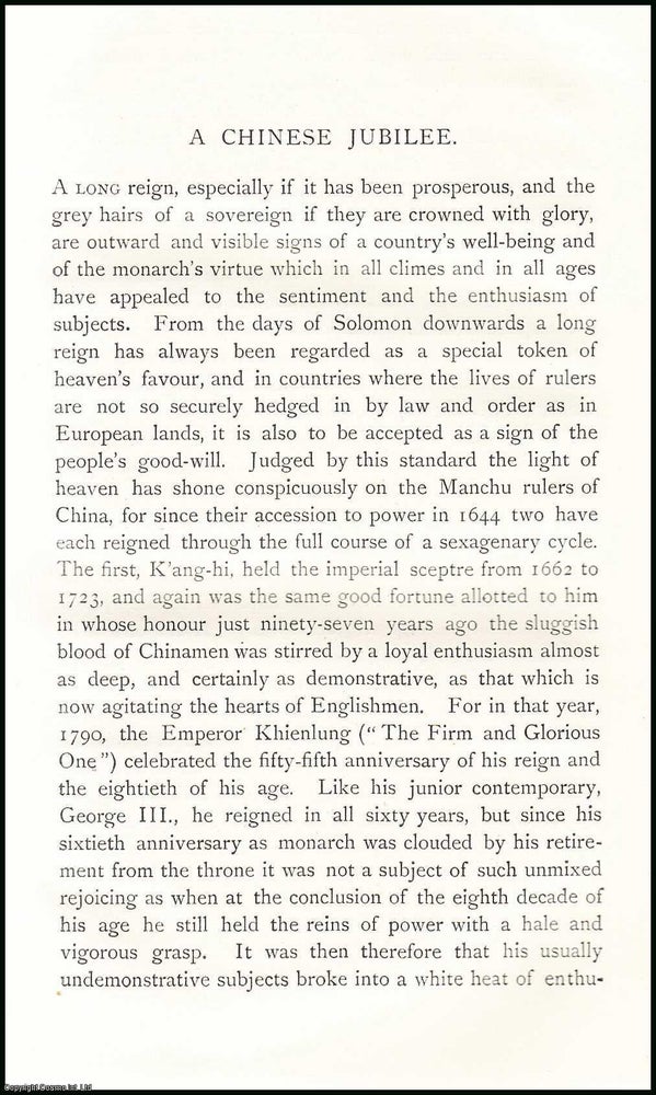 Item #506634 A Chinese Jubilee. 24 pages. An article printed in 1887, written by Robert K....