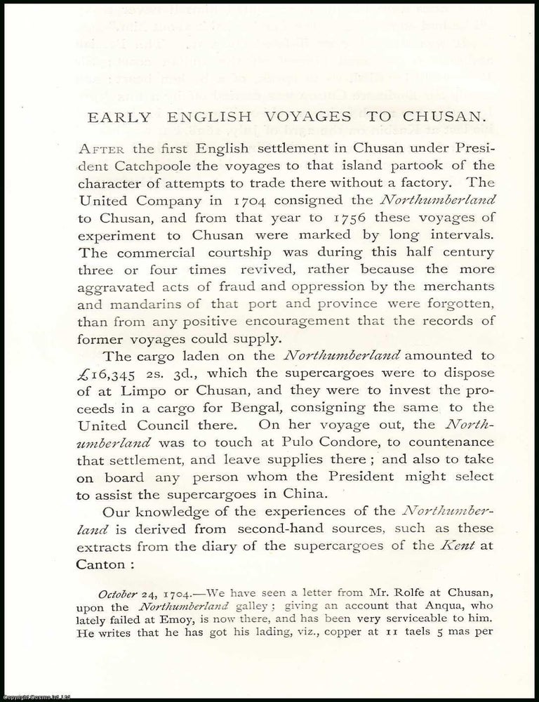 Item #506638 Early English Voyages to Chusan. An uncommon original article from The Asiatic...