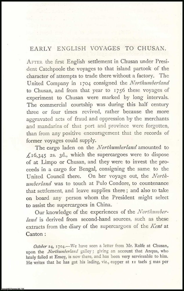 Item #506638 Early English Voyages to Chusan. An uncommon original article from The Asiatic...