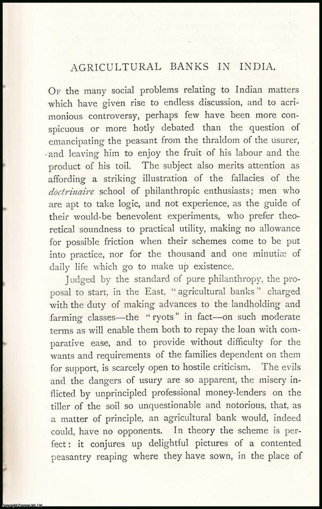Item #506657 Agricultural Banks in India. 15 pages. An article printed in 1888, written by A.N....