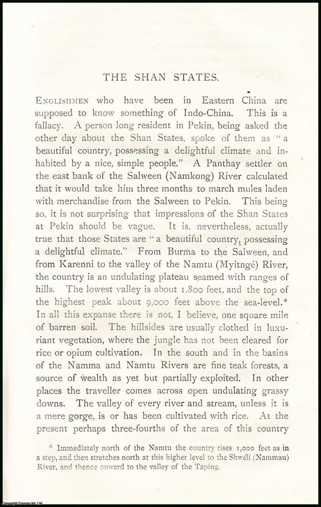 Item #506681 The Shan States. An uncommon original article from The Asiatic Quarterly Review, 1888. A C. Yate.