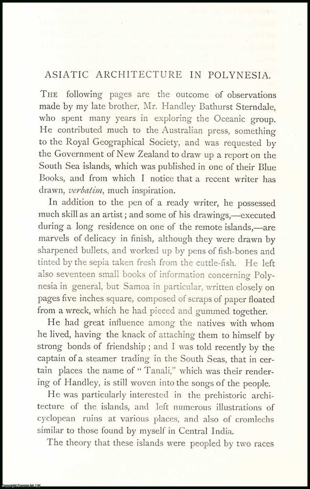 Item #506764 Asiatic Architecture in Polynesia. 18 pages. An article printed in 1890, written by...