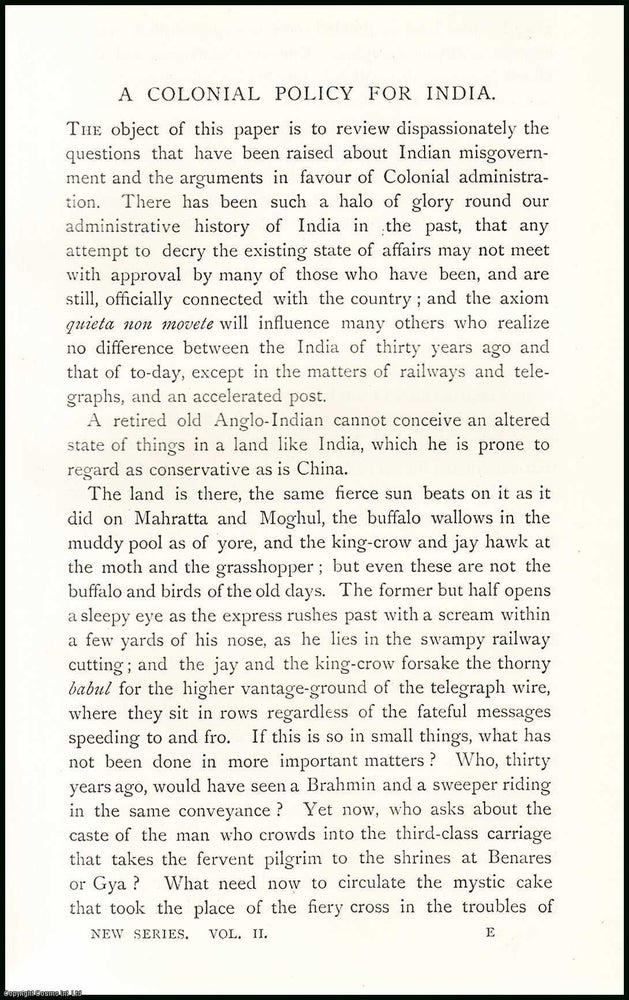Item #506801 A Colonial Policy for India. 14 pages. An article printed in 1891, written by R.A....