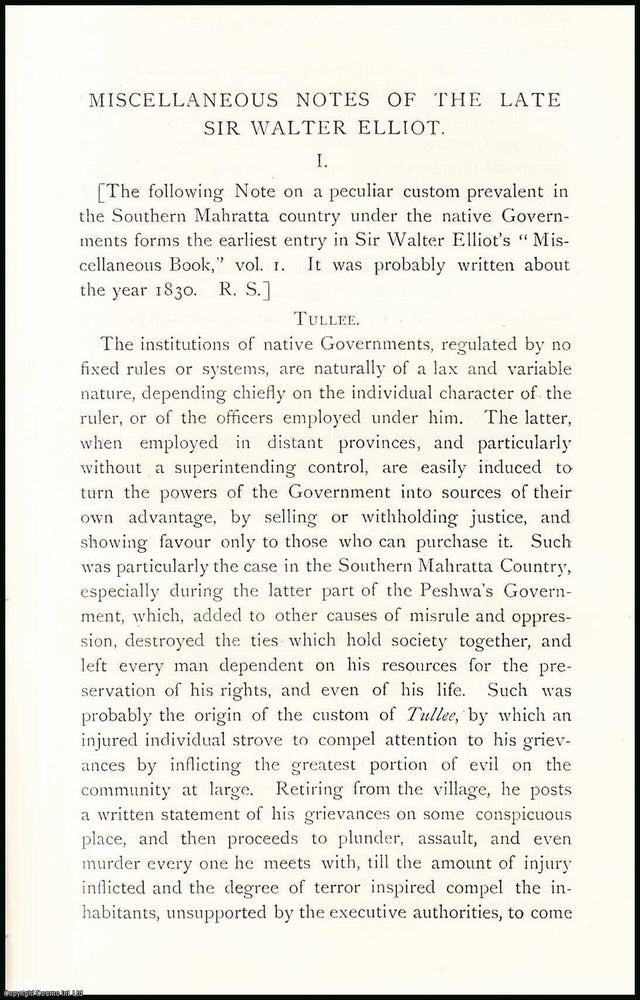 Item #506824 The Late Sir Walter Elliot. An uncommon original article from The Asiatic Quarterly...