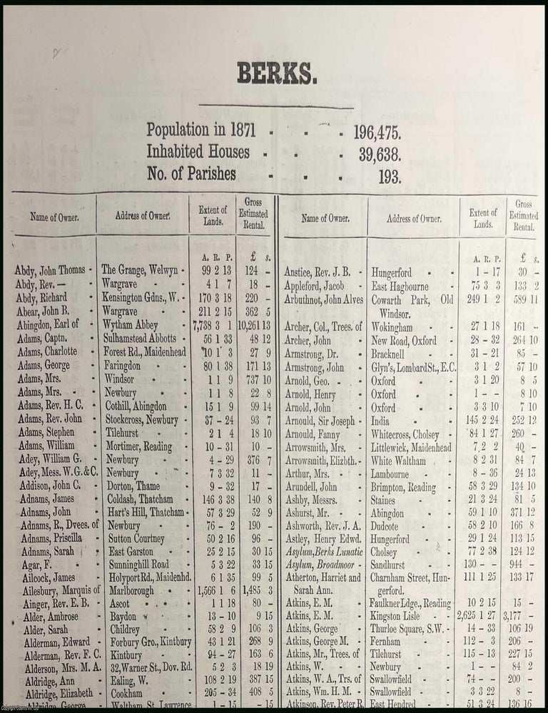 Item #507047 1873. Berkshire. The names of owners of land one acre and above. Return of Owners of...