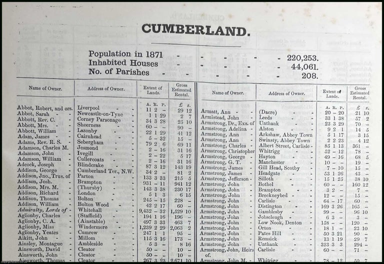 Item #507052 1873. Cumberland. The names of owners of land one acre and above. Return of Owners of Land, showing the total Population, Inhabited Houses, Number of Parishes. Secretary John Lambert, Local Government Board.