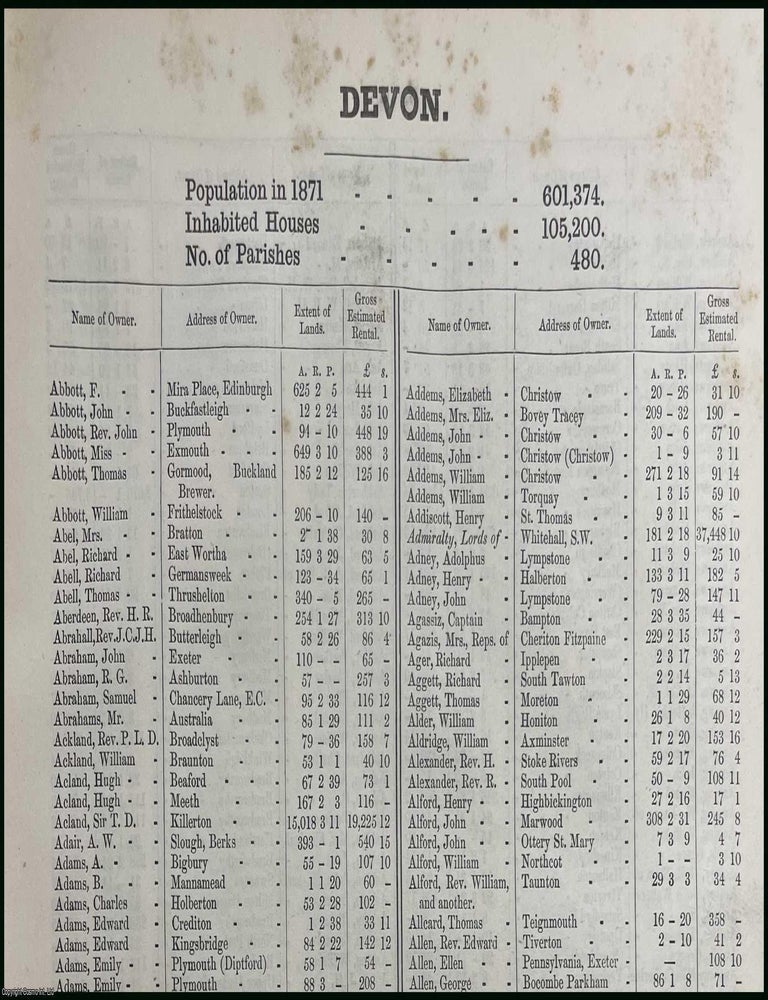 Item #507054 1873. Devonshire. The names of owners of land one acre and above. Return of Owners...