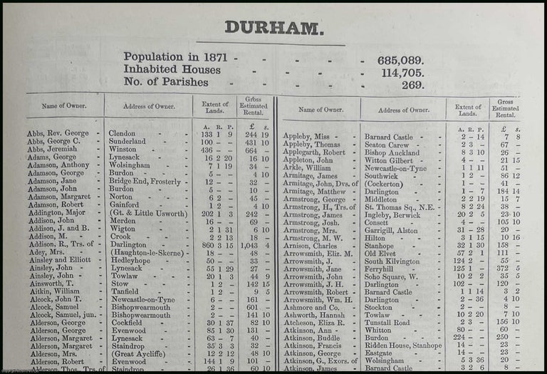 Item #507056 1873. Durham. The names of owners of land one acre and above. Return of Owners of Land, showing the total Population, Inhabited Houses, Number of Parishes. Secretary John Lambert, Local Government Board.
